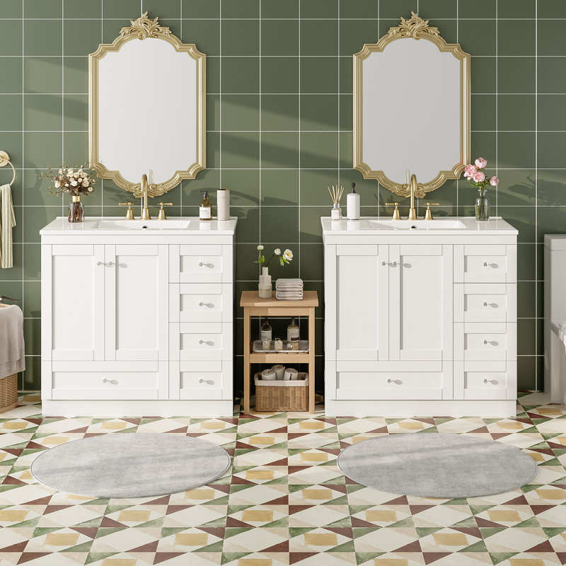 Meuble-lavabo autoportant de 72 po de style Shaker avec lavabo en céramique, Blanc