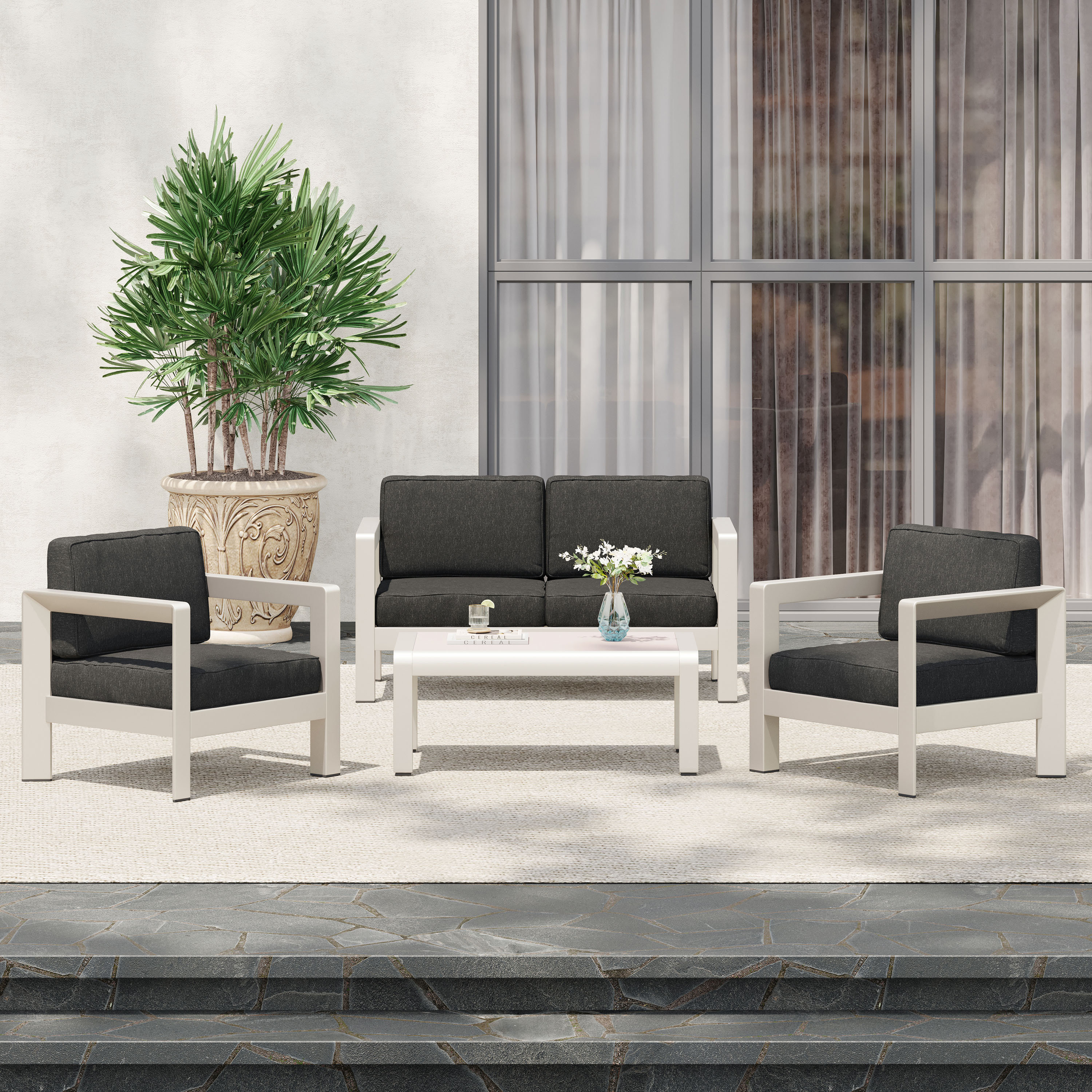 Arlethe 4 Piece Sofa Seating Group with Cushions Wade Logan Frame Color/Cushion Color: White Frame/Navy Cushion