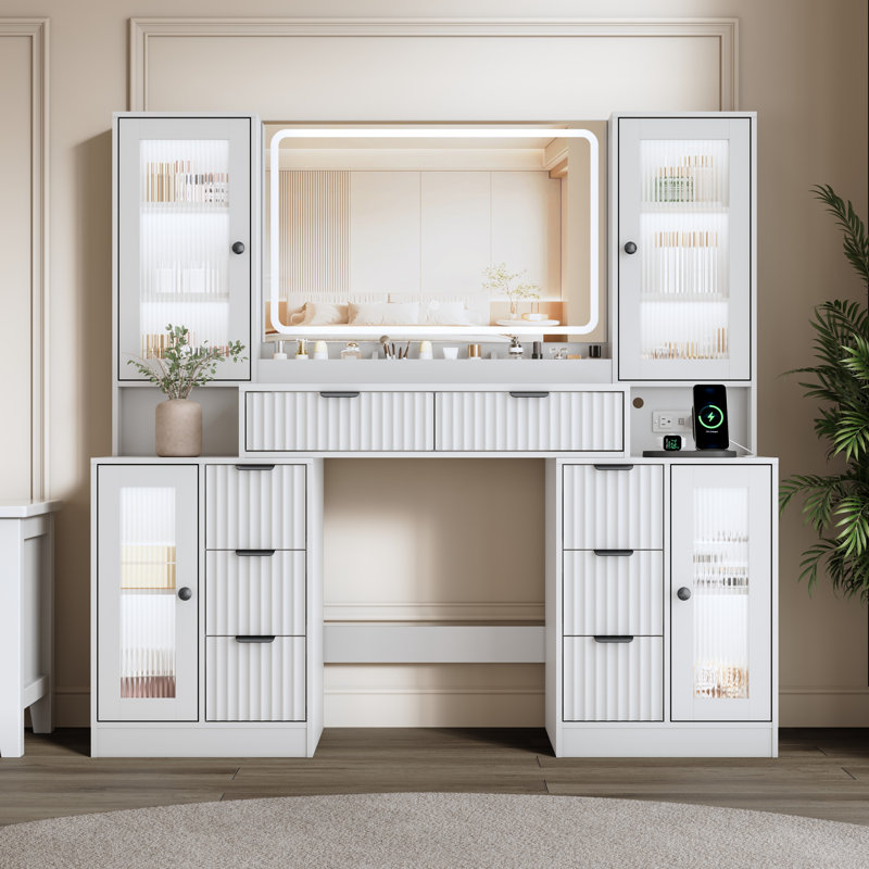Bureau de meuble-lavabo avec 2 portes, 3 tiroirs et miroir lumineux à DEL, table de maquillage blanche avec prise de courant, armoire en verre RVB et mode 3 lumières