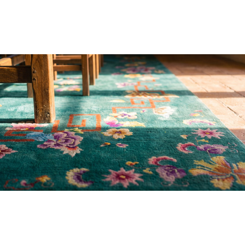 Tapis rectangulaire en laine noué à la main Art déco vert antique des années 1920