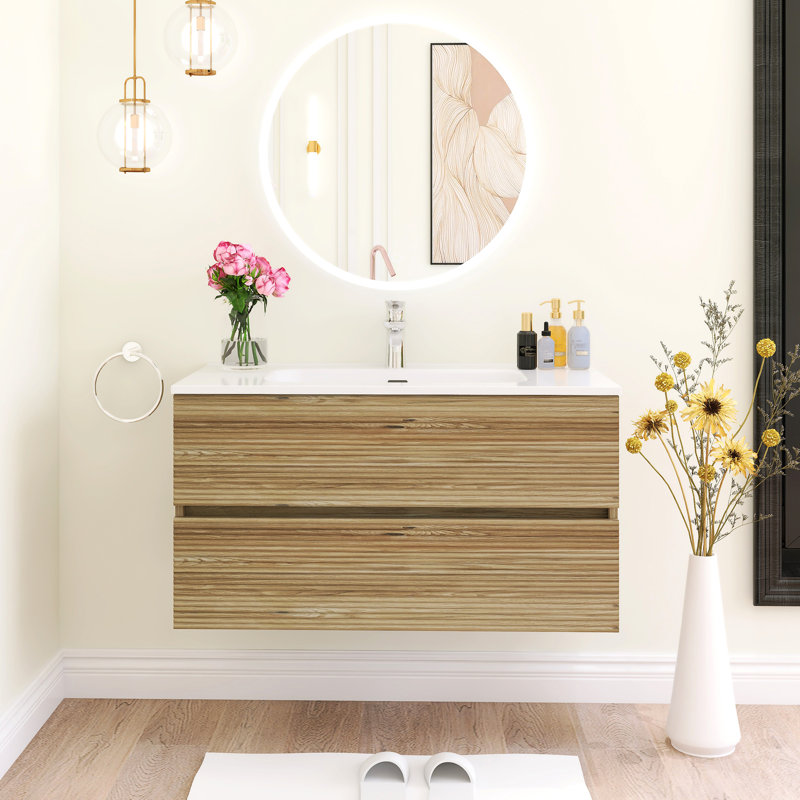 Meuble-lavabo mural à rayures horizontales avec lavabo en céramique intégré blanc, Blanc / chêne naturel, 36"