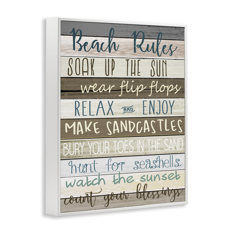 Nautical Fun Beach Rules List Rustic Boardwalk by Kim Allen - Textual Art Print, 20" H x 16" W, White Framed