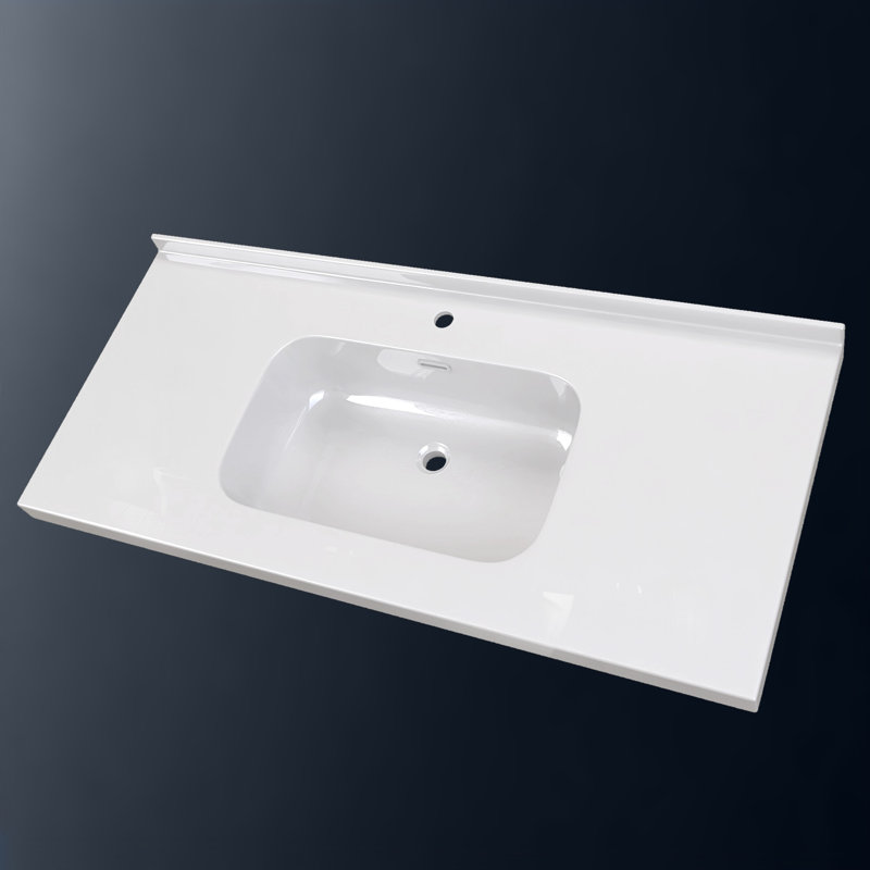 Plateau de meuble-lavabo à surface solide de 48 pouces avec lavabo intégré, comptoir moderne blanc vif de 2 po d'épaisseur, dosseret arrière de 1,38 po, conception à bord lisse, imperméable et facile à installer