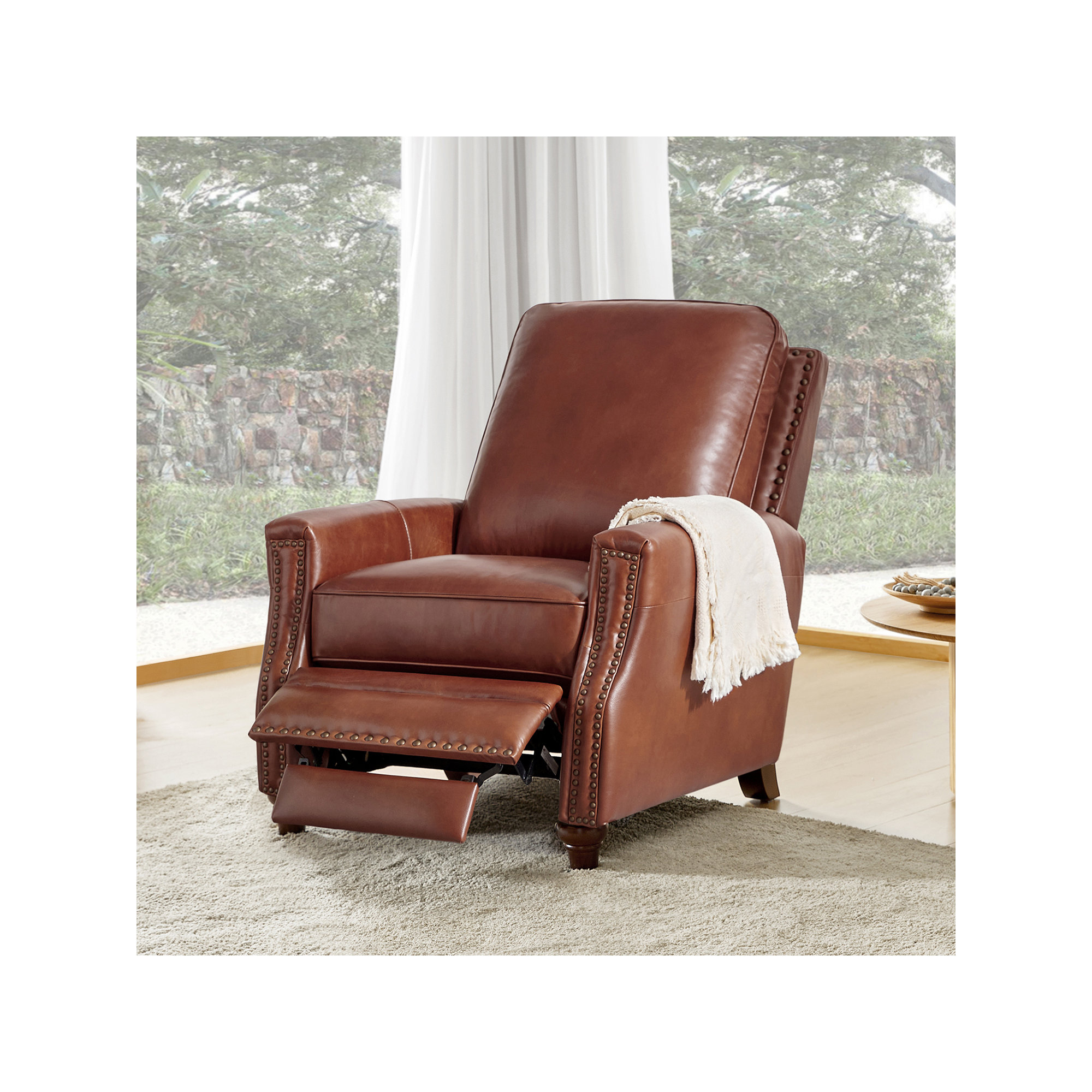Andrena Genuine Leather Recliner with Nailhead Trim, Brown Genuine Leather