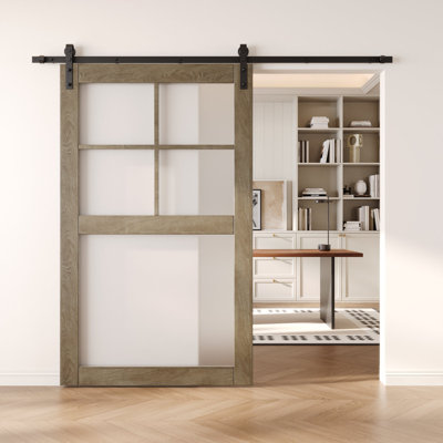 48x80 Classic Gray Color 5-Lite Frosted Glass Design Finished Unassembled Solid Wood Sliding Barn Door Only
