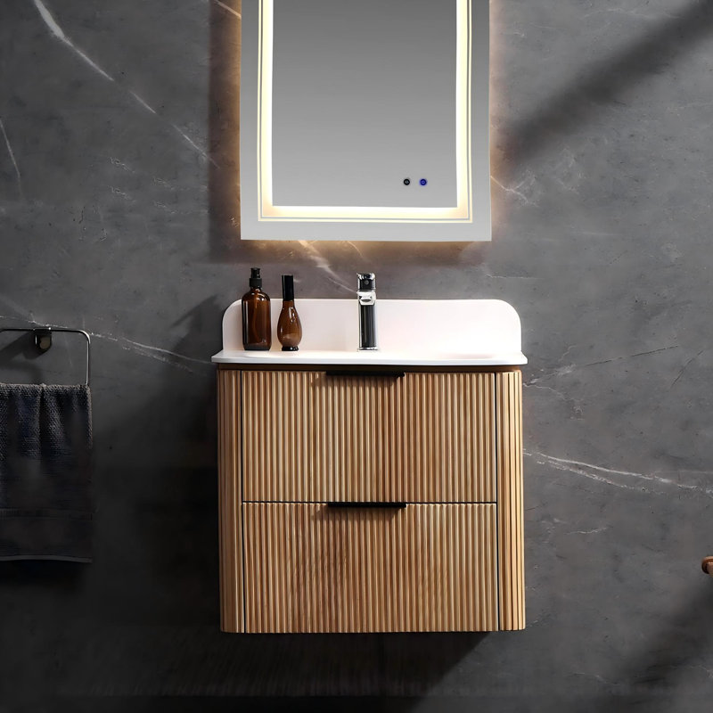 Meuble-lavabo flottant cannelé 24 po, coins arrondis, lavabo intégré en acrylique, entièrement assemblé, chêne / noir, Chêne