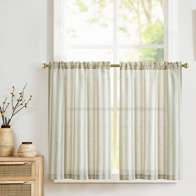 Kitchen Curtains Striped Tier Cafe Curtains Farmhouse Small Curtains, 26" W x 36" L, Green on Beige