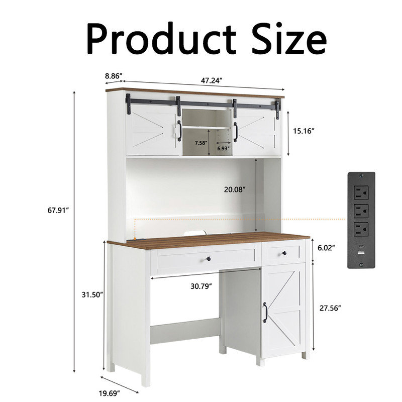 Multi-function 47" Farmhouse Executive Desk, Computer Desk with Charging Sockets, 2 Drawers, 3 Storage Cabinets and 2 Open Shelves