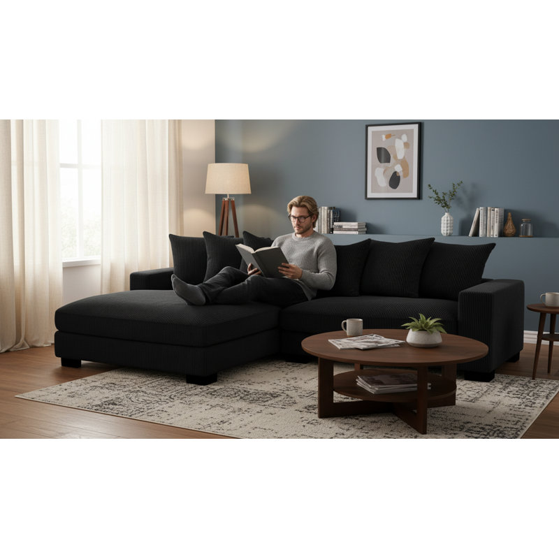 Corduroy L-Shaped Sectional, Left Hand Facing, Black Corduroy