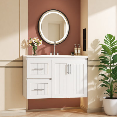 Meuble-lavabo mural 36 po avec lavabo intégré en céramique, meuble-lavabo flottant avec 2 tiroirs et tablette réglable, meuble-lavabo simple à cadre en bois massif