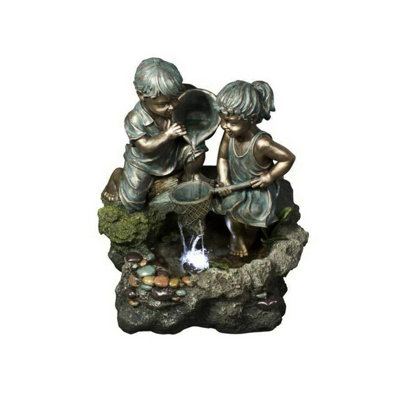 28.5" Gray and Bronze Colored LED Lighted Kids Playing in Stream Outdoor Patio Fountain