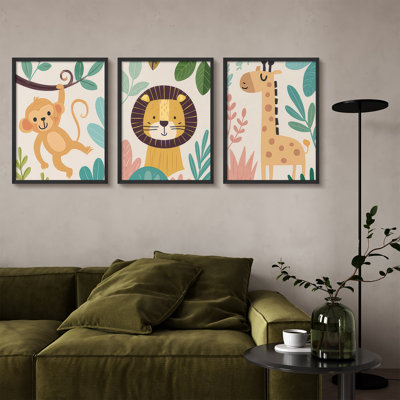 Safari, ensemble d'art mural encadré de 3 animaux - lion singe de la jungle et girafe pour décor de chambre d'enfant ou de salle de jeux