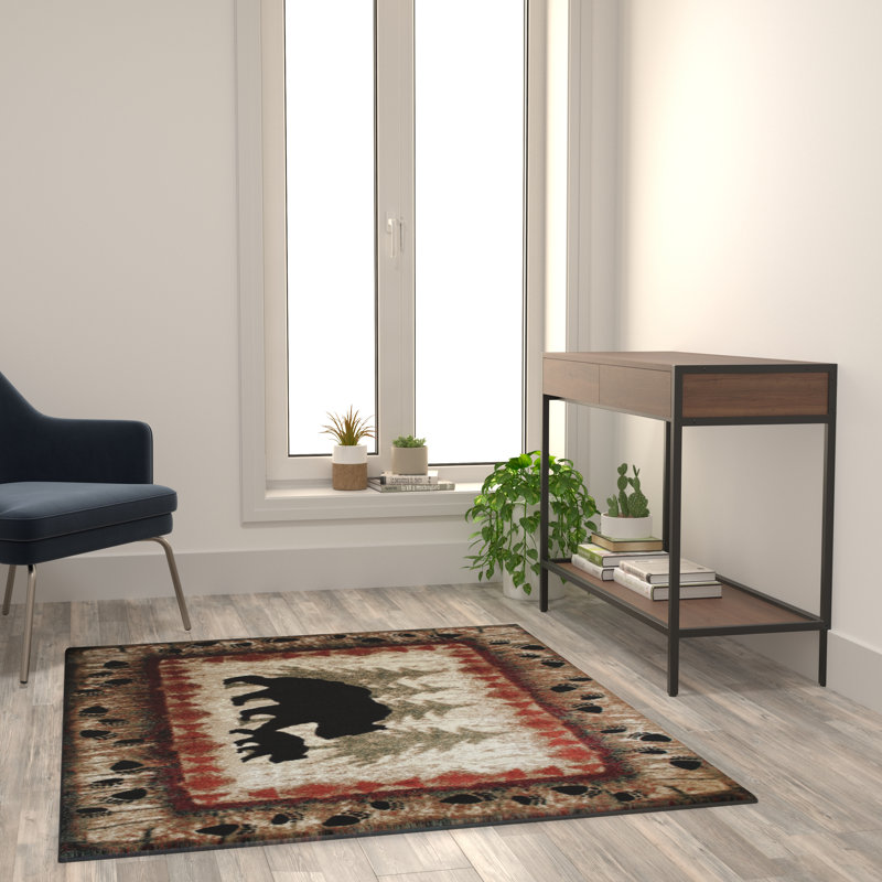 Spuyten Wandering Bear and Cub Rustic Olefin Area Rug - Jute Backing, Rectangle 4' x 5'