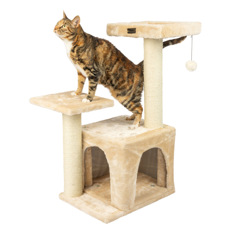 Beige Sisal and Plush 32-Inch Cat Tree with Playhouse