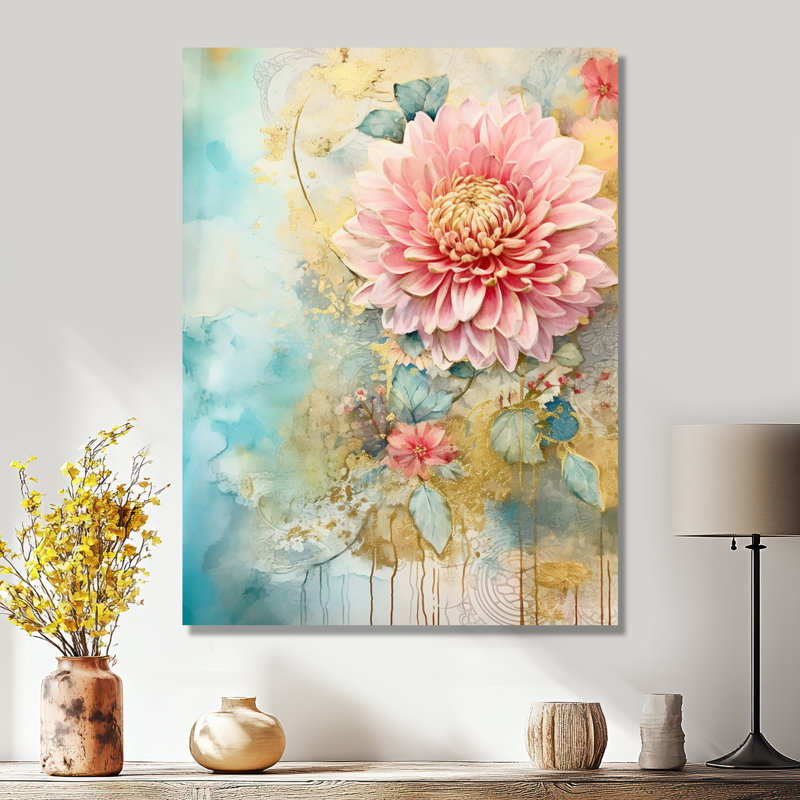 Dahlia rose, rétro, bleu, illustration - impression d'art mural Dahlia, Toile tendue, H 32 po x l 24 po x P 1 po