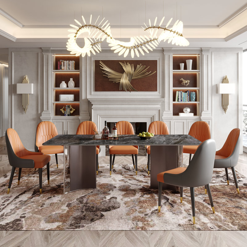 Ensemble de table de salle à manger moderne en pierre frittée avec 8 chaises en similicuir, Bonis gris, White/Brown