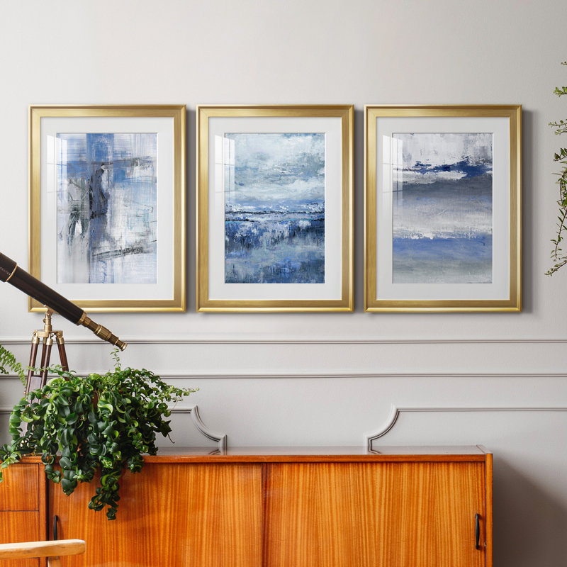 Soft Solace Indigo - Ensemble de 3 reproductions de cadres photo, Doré, H 22,5 po x l 91,5 po x P 1,5 po