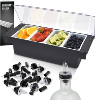 4 Compartment Condiment Tray with Lid Includes 12 Liquor Pourers & Covers Black Bar Storage Caddy