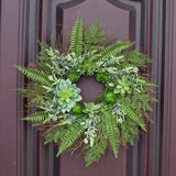 21 Inch Artificial Greenery Wreath Succulent Wreath With Fern Leaves, Real Twig Based Backfarmhouse Summer Wreath For Front Door Wall Outside Decoration