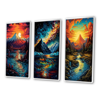 Coucher de soleil sur les montagnes enneigées, rivière japonaise II - ensemble de 3 pièces sur toile