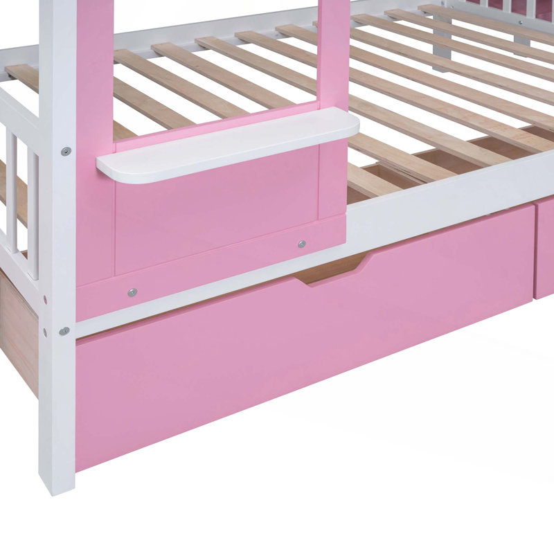 Lit superposé de style château avec 2 tiroirs de rangement et 3 tablettes, Lit double, Rose