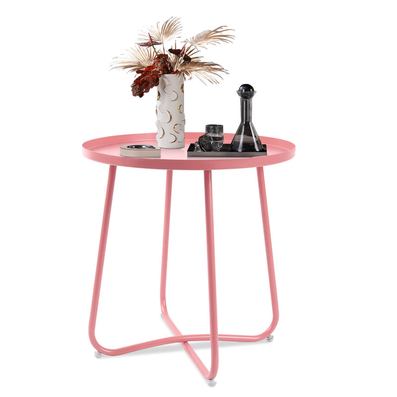 Round Modern Metal Outdoor Side Table, Small Coffee And Snack Table For Patio, Garden, Living Room And Bedroom (Pink) | Gift Idea