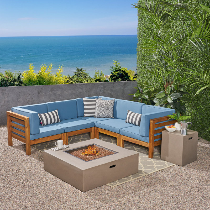 Ajanai 4 - Person Modular Patio Conversation Set with Cushions, Teak Frame / Blue Cushion