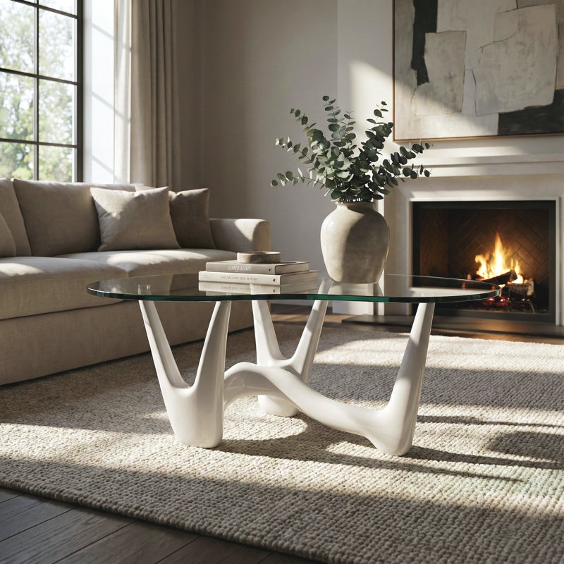 43" Abstract Triangle Glass Coffee Table with Sculptural White Base, Clear, White