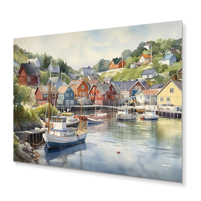 Petite ville portuaire de Norvège III - Impression sur métal sans cadre, H 24 po x l 32 po x P 1 po
