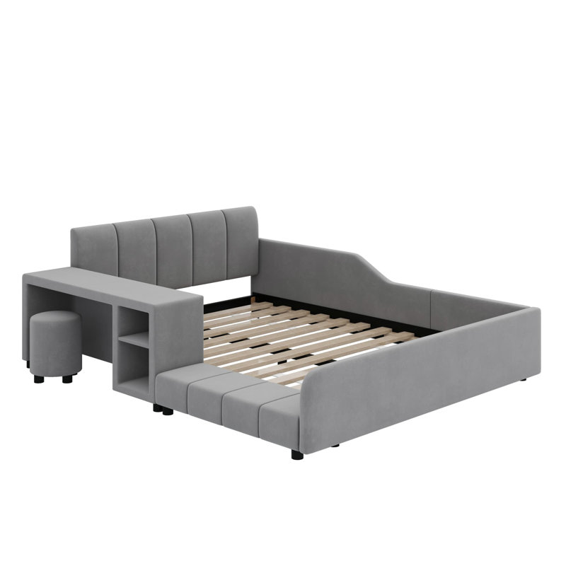 Lit tapissier au sol, lit d'enfant avec bureau de chevet et petit tabouret rond, Double, Gris clair