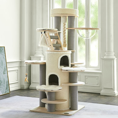 63'' H Large Solid Wood Cat Tree Multi-Level Tall Cat Tower Cat Tree for Indoor Cats Large Adult