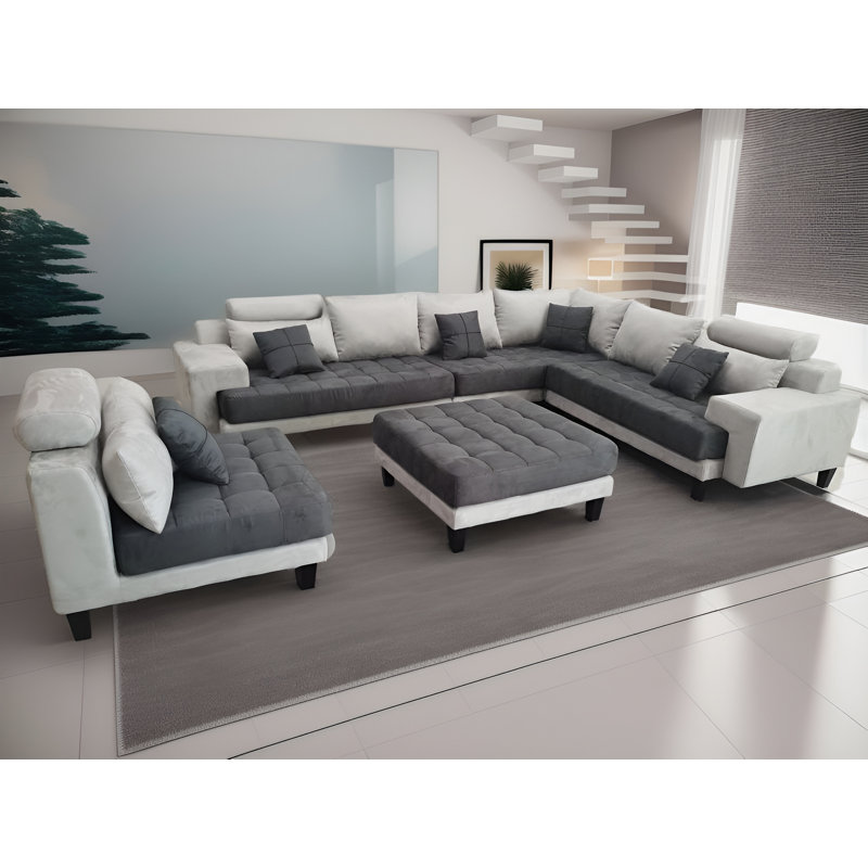 Mandey Upholstered U-Shaped Sectional Reversible, Light Gray/Dark Gray Microfiber/Microsuede