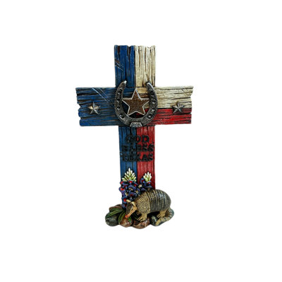 Polyresin Faux Wood God Bless Texas Red, White & Blue Armadillo Star Standing Tabletop Cross Décor