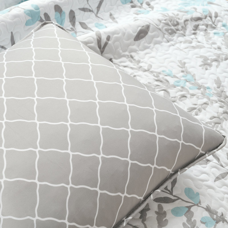 Blue and Gray Reversible Floral Microfiber Full Quilt Set