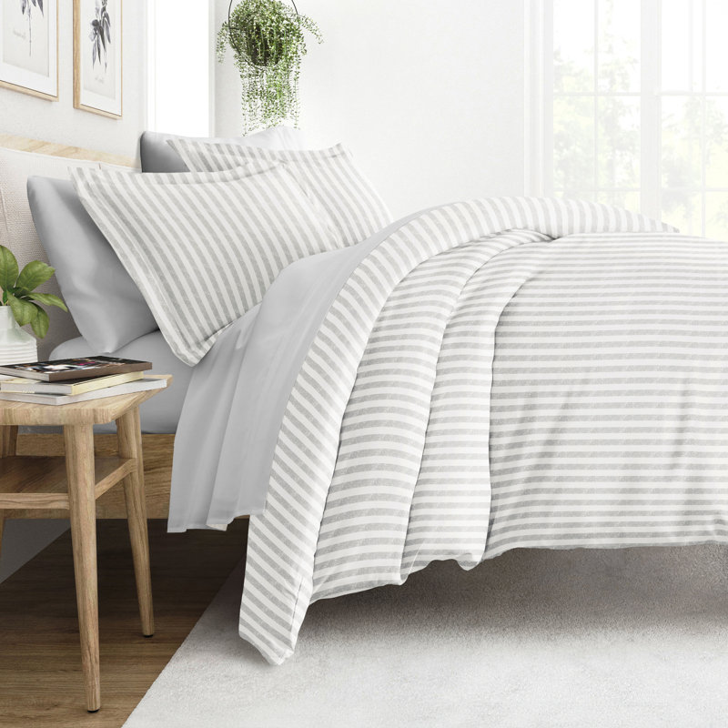 8-Piece Reversible Bedding Bundle - Patterned Duvet Cover, Comforter Insert and Solid Sheet Set, Gray Striped