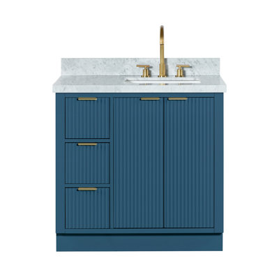 Meuble-lavabo simple en bois massif de 36 po avec plateau en marbre de Carrare de 1,5 po Haun