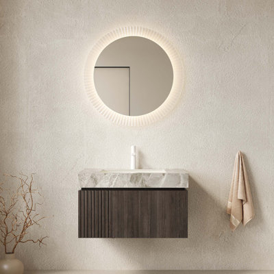 Meuble-lavabo flottant de luxe avec plateau en pierre frittée et lavabo en céramique