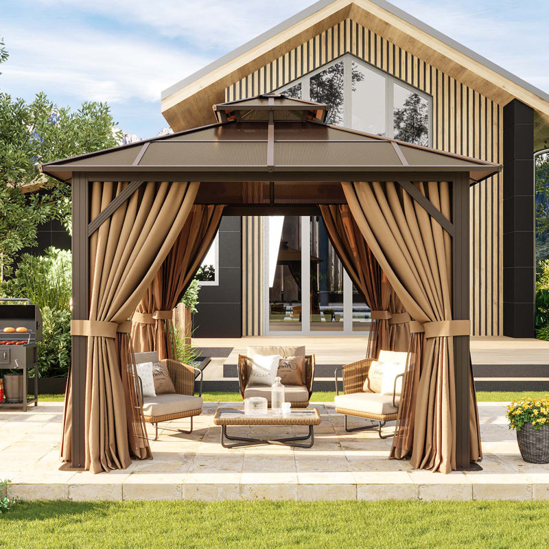 10 Ft. W x 10 Ft. D Metal Frame Patio Gazebo with Polyethylene Double Roof, 10 Ft. W x 10 Ft. D, Brown