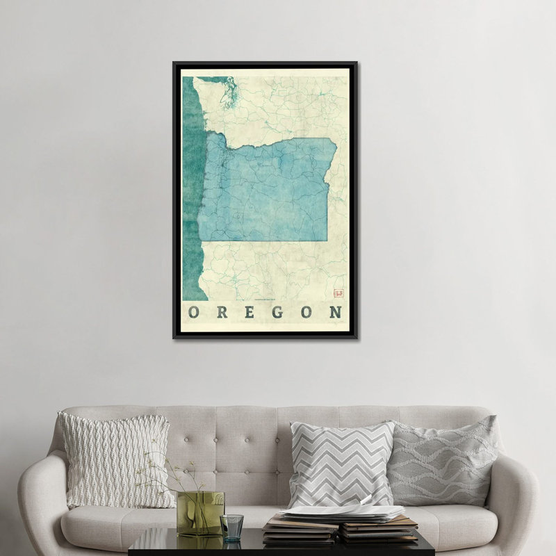 «Oregon Map», impression sur toile, H 26 po x l 18 po x P 1,5 po, Toile avec cadre noir, Pas de tapis