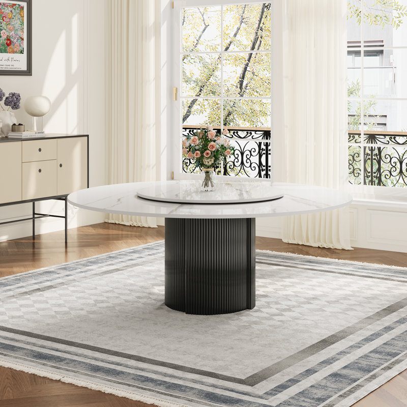 Round 59.06'' Modern Round Dining Table with Lazy Susan, White Glossy Sintered Stone Tabletop for 6-8