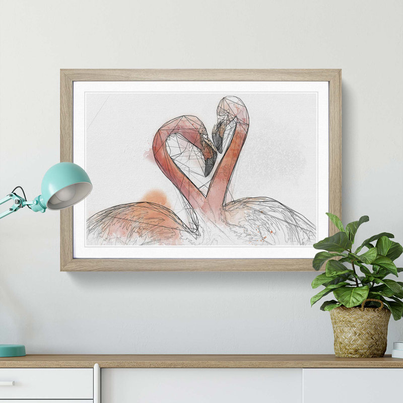Two Loving Flamingos in Abstract - Picture Frame Graphic Art Print on MDF, 62cm H x 87cm W x 2cm D, Oak Framed