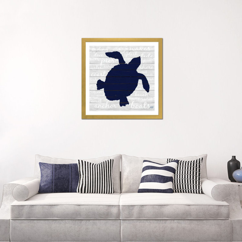 «Indigo Turtle» par Julie Derice - reproduction imprimée, Blanc, H 24 po x l 24 po x p 1 po, Papier encadré doré