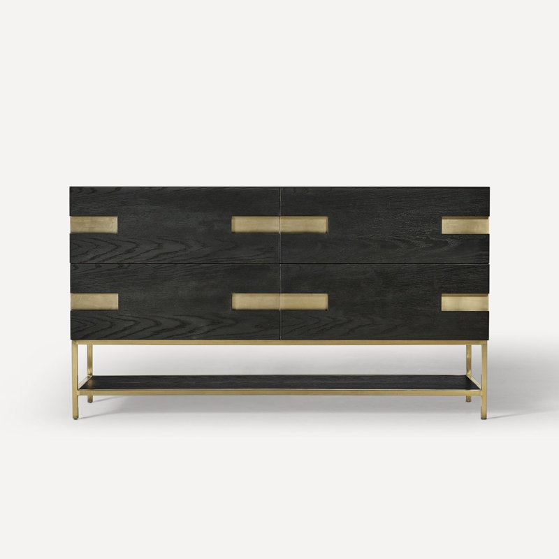 Sendai Vanity And Quartz Stone Vanity Top, Matte Black Oak/Aged Brass