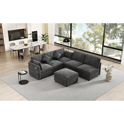 Canapé modulaire modulaire avec repose-pieds mobile et ports USB, convertible en canapé en L, en U ou en canapé-lit pour le confort du salon