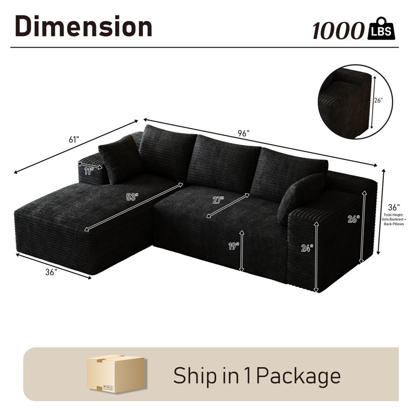 Boneless Freely Movable Modular Sectional Sofa Corduroy Couch For Living Room, Left Hand Facing, Black Corduroy