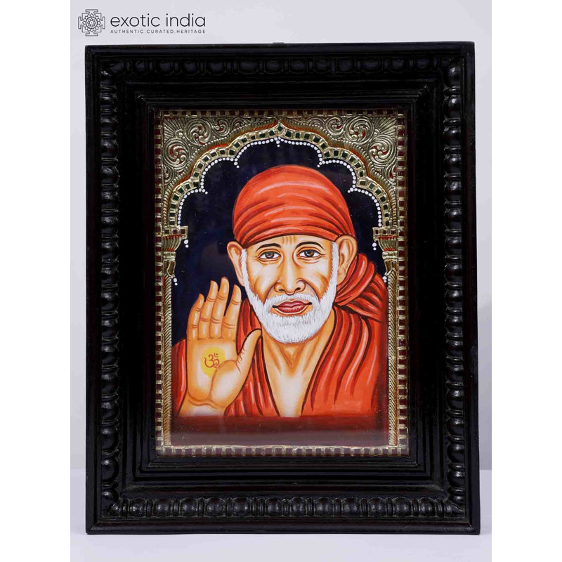 «Blessing Sai Baba», peinture encadrée de Tanjore | Or 24 carats