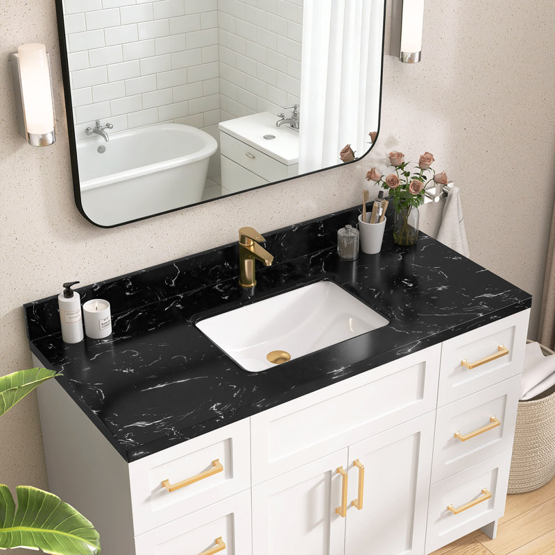 Évier de salle de bain 48 po x l 22 po en pierre reconstituée avec comptoir et comptoir en céramique Dosseret en H et trou de robinet pré-percé simple