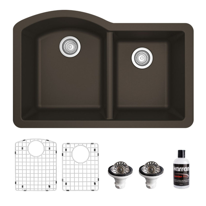 Karran Quartz 32'' X 21'' Double Bowl 60/40 Undermount Kitchen Sink Kit, Brown