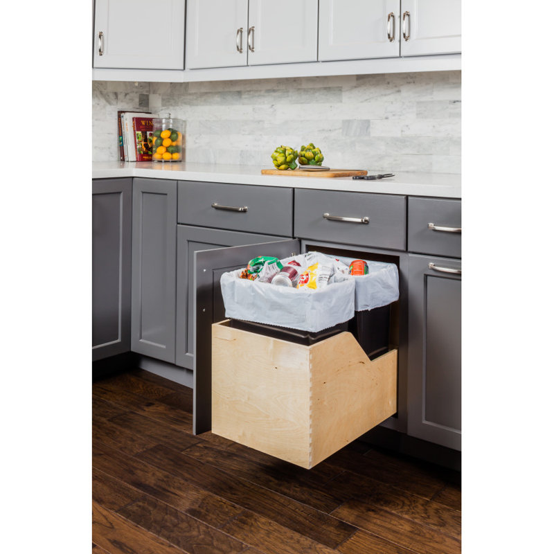 Preassembled 35 Quart Double Pullout Waste Container System, Black, 12.5, 23.75" H x 15" W x 21.375" D