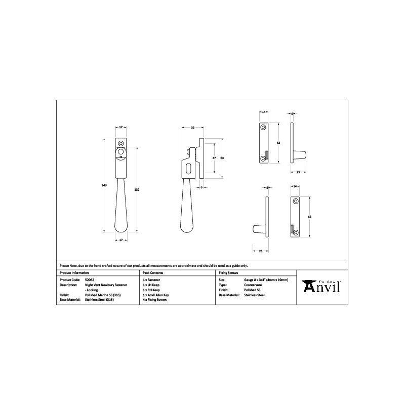 Newbury SS (316) Night-Vent Locking Fastener, Polished Marine SS (316)